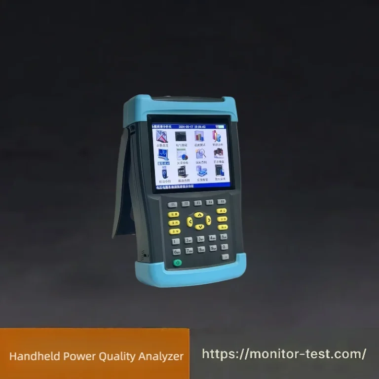 Handheld power quality analyser with a blue front panel, colour display and keypad