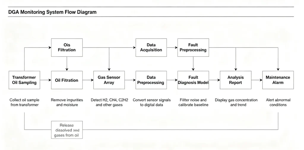 DGA monitoring system flow diagram – from transformer oil sampling to data analysis
