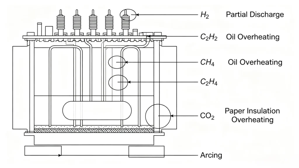 Cross-section diagram of oil immersed transformer showing DGA gas generation from partial discharge, overheating and arcing