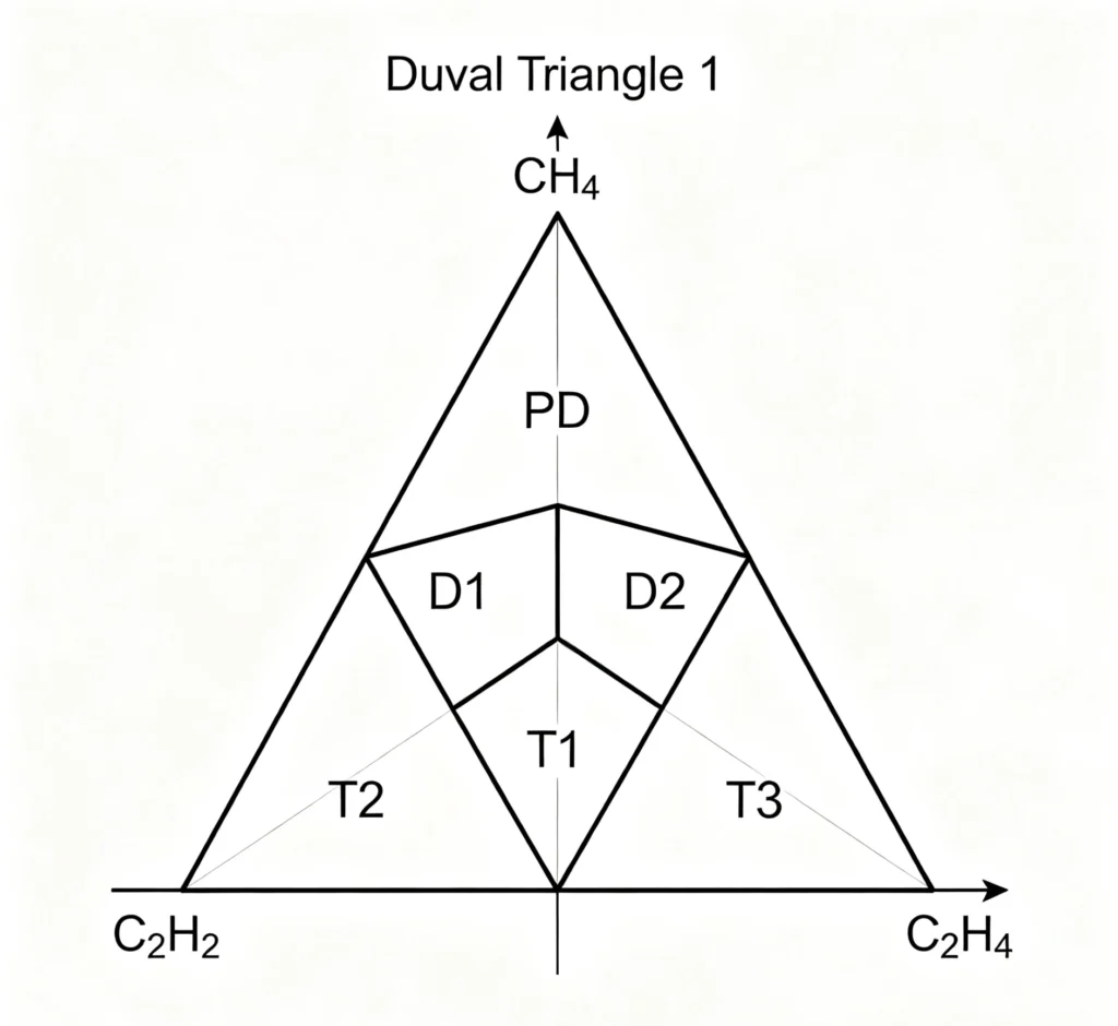 Duval Triangle 1 diagram for DGA transformer fault diagnosis