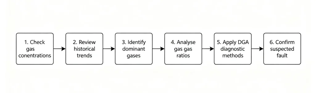 DGA gas interpretation step-by-step workflow flowchart for transformer fault diagnosis