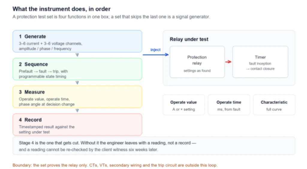 The four functions a set must perform — generate, sequence, measure and record. A set that misses the last one turns every test into a manual transcription job.