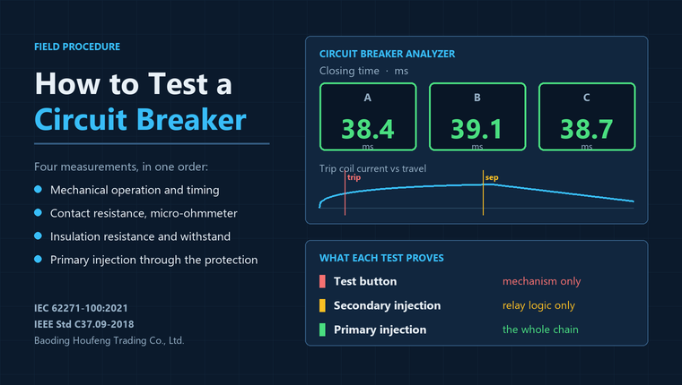 Dark illustrated cover titled How to Test a Circuit Breaker, showing a circuit breaker analyzer panel with three closing-time readings of 38.4, 39.1 and 38.7 milliseconds, a trip coil current travel trace, and a strip listing what the test button, secondary injection and primary injection each prove