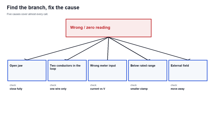 Fault tree with a wrong or zero clamp reading at the top and branches for open jaw, two conductors in the loop, wrong meter input, outside rated range and external magnetic field, each with its check