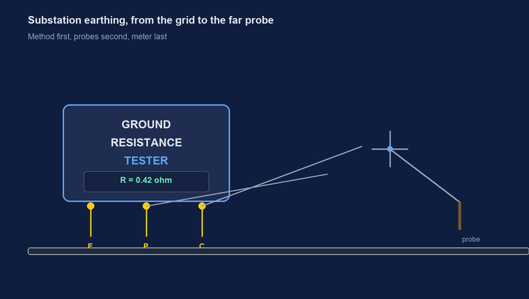 Technician performing an earth resistance test at a substation, with a four-terminal ground resistance tester on a case, a cable reel paying out toward a distant current probe, and the substation grid in the background, against a deep blue backdrop
