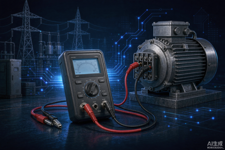 Handheld digital insulation tester with red and black test leads connected to an industrial motor, against a deep blue background with substation silhouettes