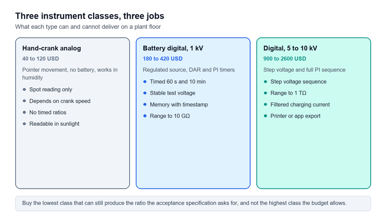 Three side-by-side comparison cards for a hand-cranked analog unit at 40 to 120 dollars, a battery digital 1 kV unit at 180 to 420 dollars with timed readings, and a 5 to 10 kV digital unit at 900 to 2600 dollars with step voltage capability, each listing four capabilities