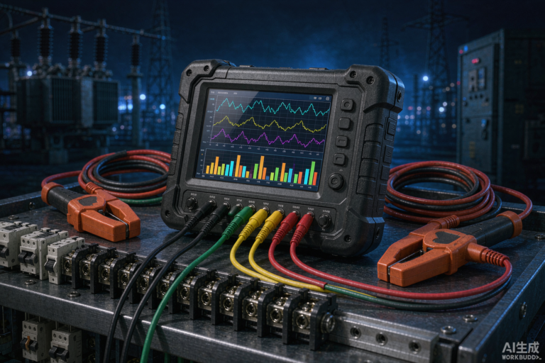 Handheld three-phase power quality analyzer with a color screen showing waveforms and a harmonic bar chart, resting on an industrial distribution panel with current clamps and voltage test leads connected, against a deep blue background