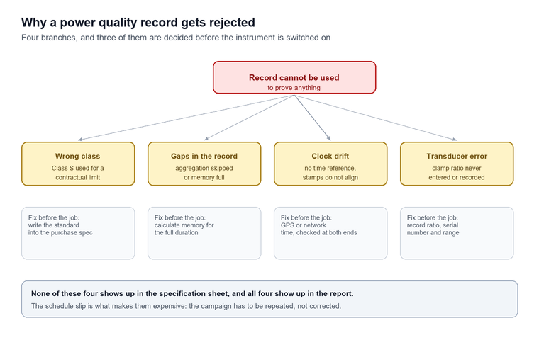 Fault tree starting from a rejected power quality record and branching into four causes, wrong class, gaps in the record, clock drift and transducer error, each with a fix to apply before the job starts