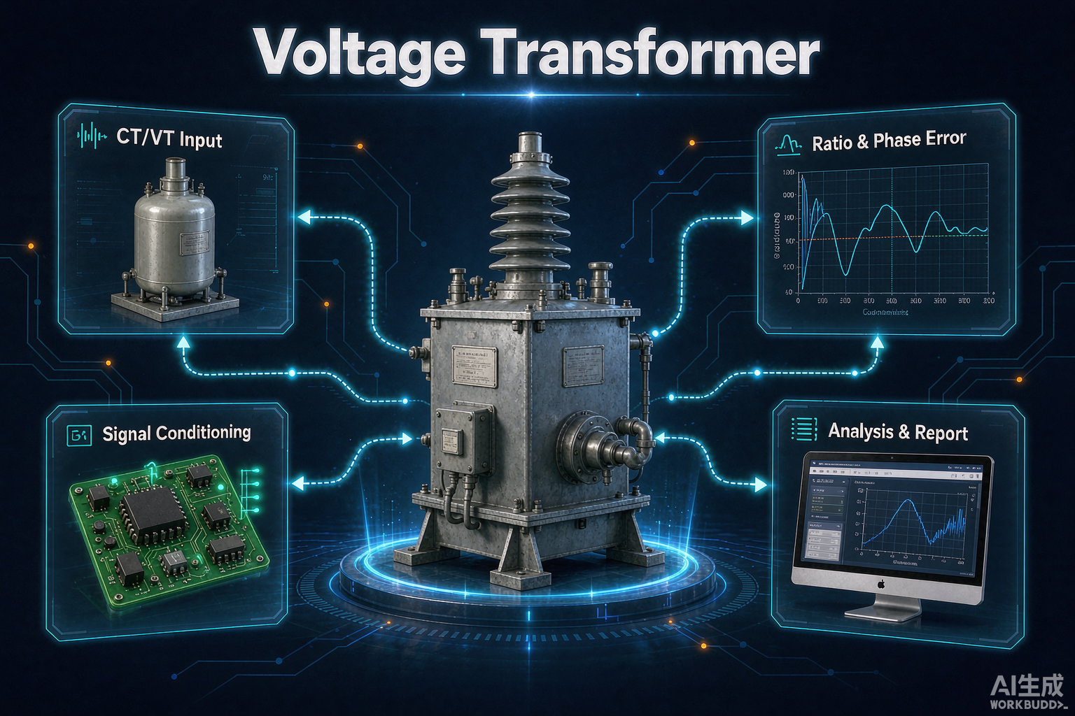 System diagram of a voltage transformer measurement chain: the primary unit on a glowing platform connected to CT and VT input, ratio and phase error analysis, signal conditioning and a reporting workstation